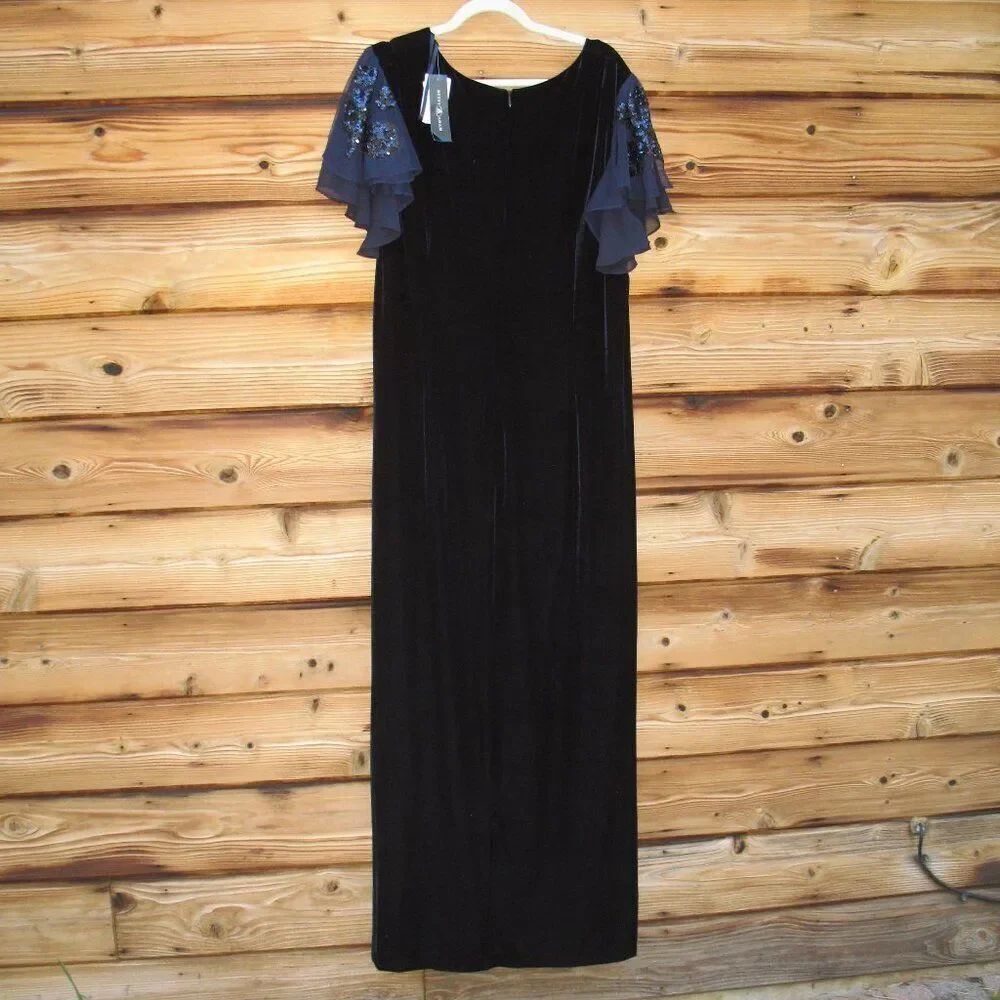 NWT Betsy & Adam PLUS "CAROLINA" LONG VELVET V-NECK SEQUIN SLEEVE DRESS Navy - Picture 10 of 13
